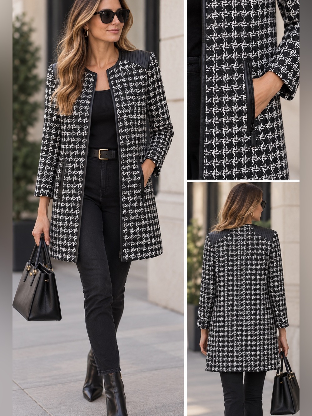 Classiques Entier Blk/wht Houndstooth Pea Coat with Quilted Leather Shoulders